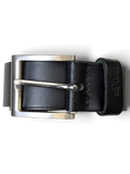 JAKE & IPI S. Oliver black leather belt featuring a brushed silver metal buckle and embossed logo detail