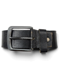 JAKE & IPI black leather belt with a silver metal buckle held by a hand against a black background