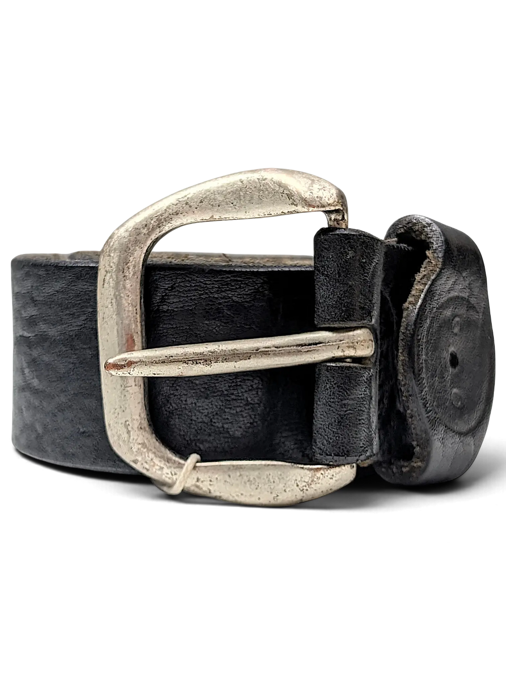JAKE & IPI Exclusive Production Replay belt featuring black distressed leather and a rustic silver-tone metal buckle.
