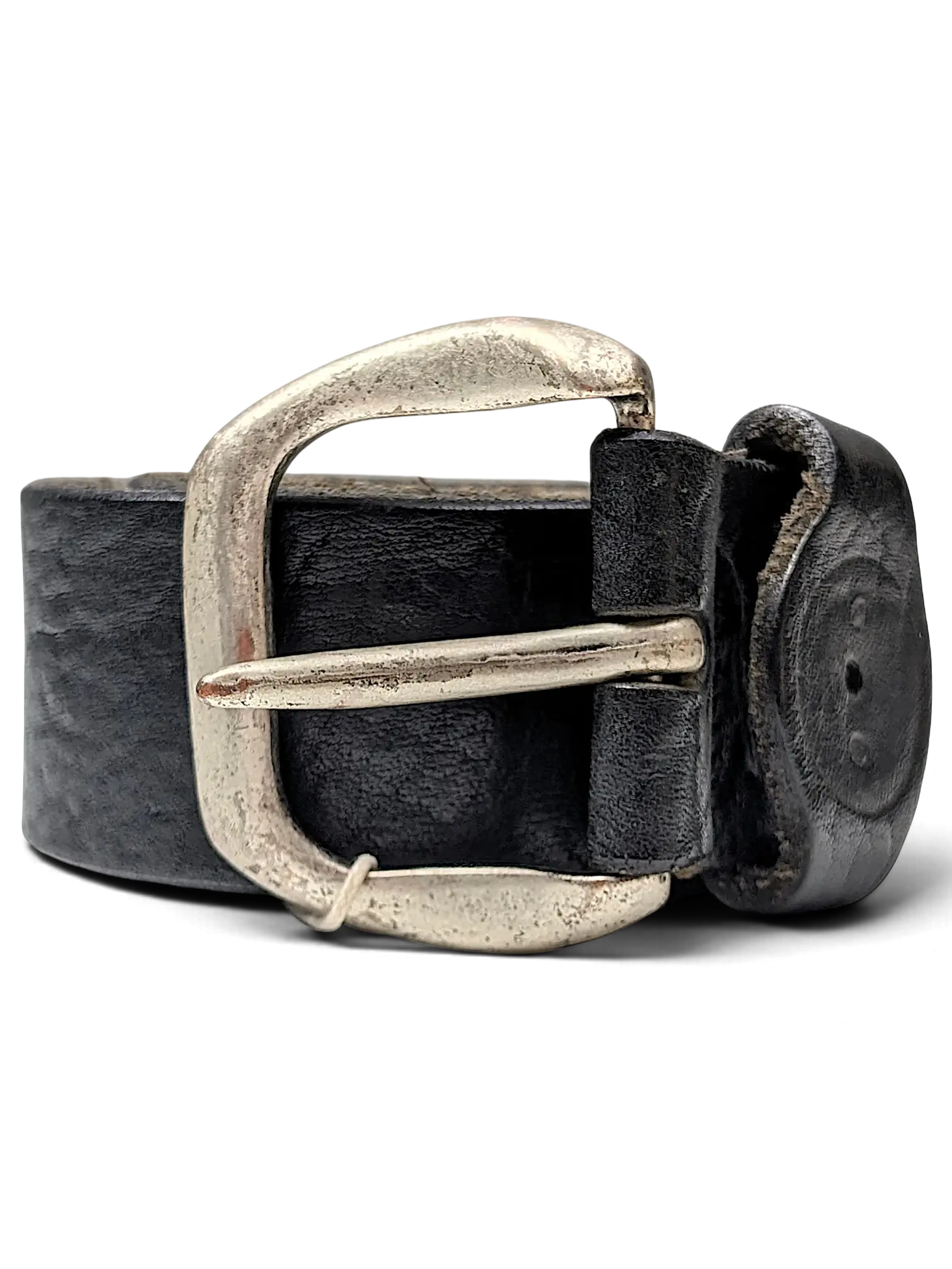 JAKE & IPI Exclusive Production Replay belt featuring black distressed leather and a rustic silver-tone metal buckle.