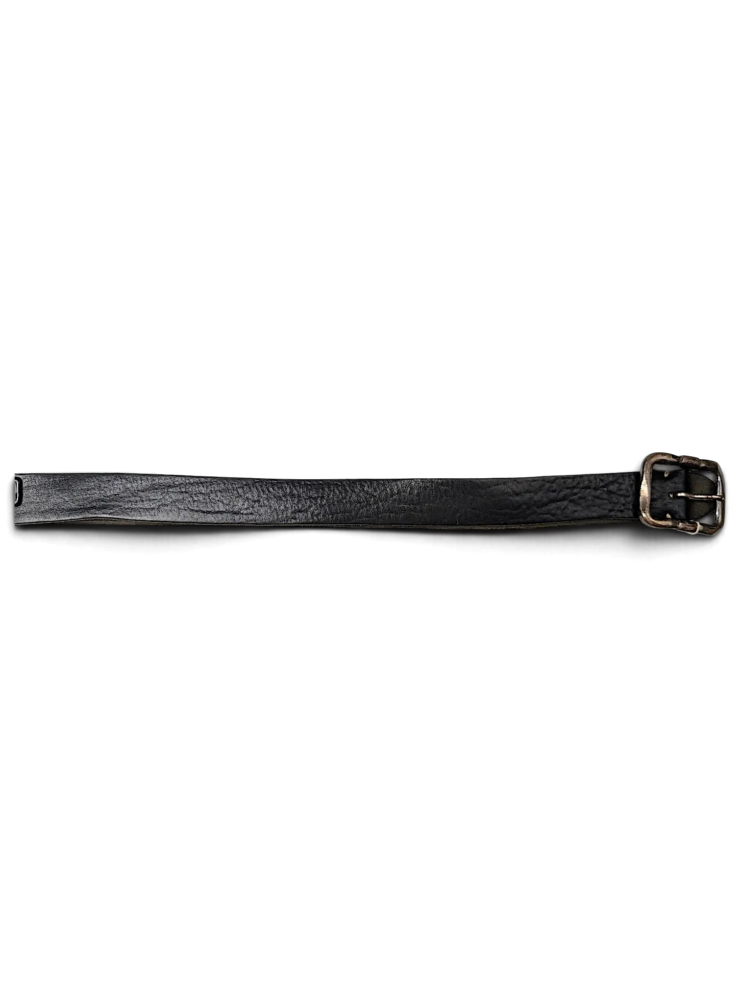 JAKE & IPI B.Belt black leather belt with a distressed silver-tone metal buckle on a white background