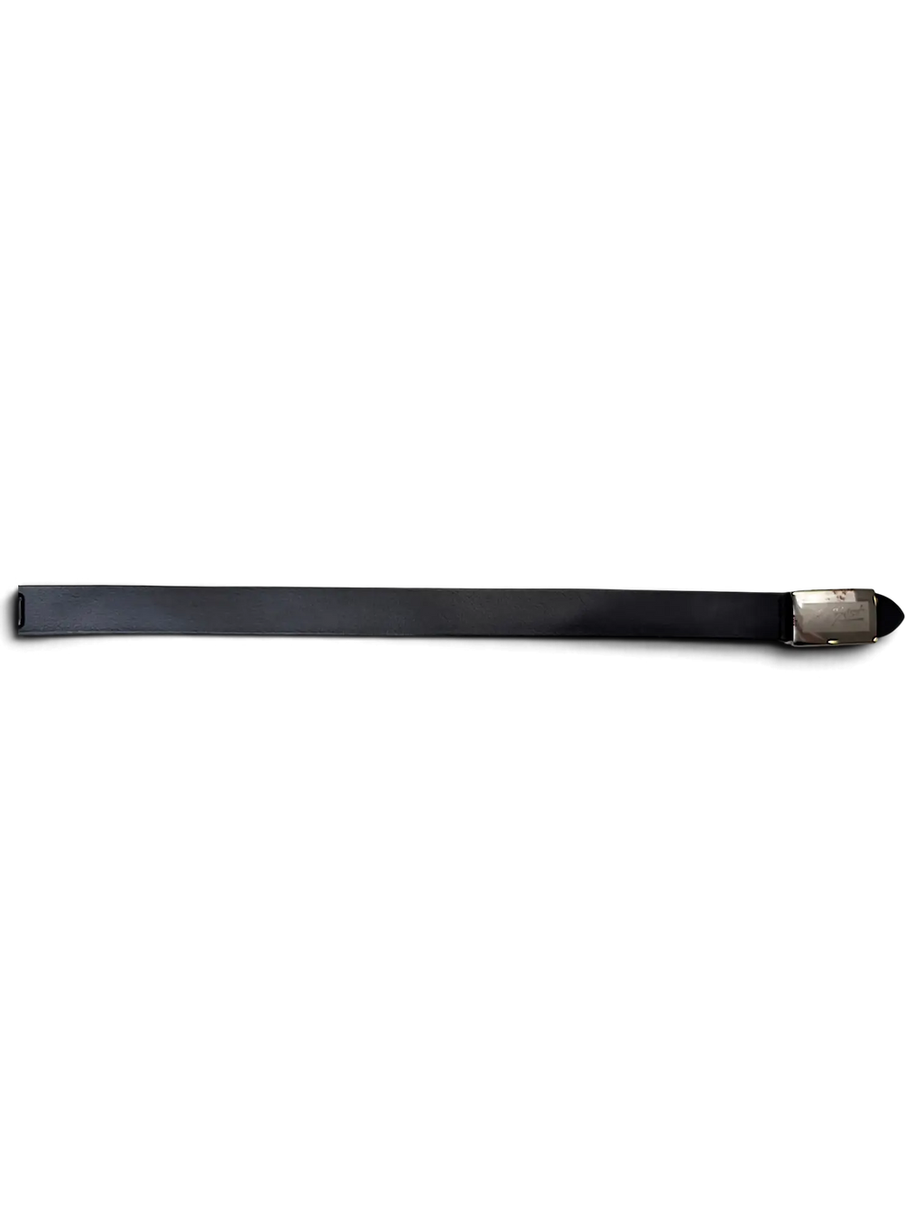 JAKE & IPI black leather belt with a polished silver buckle and attached brand tag on a white background