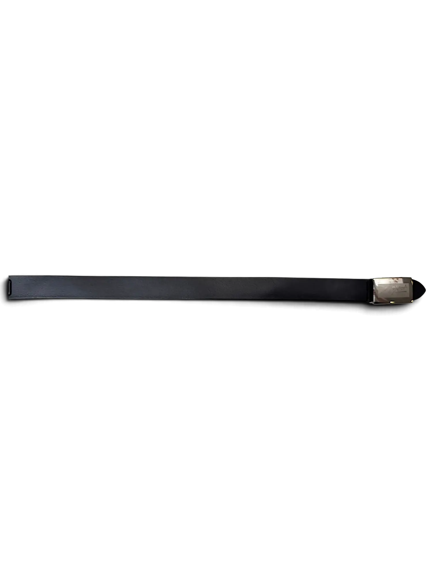 JAKE & IPI black leather belt with a polished silver buckle and attached brand tag on a white background