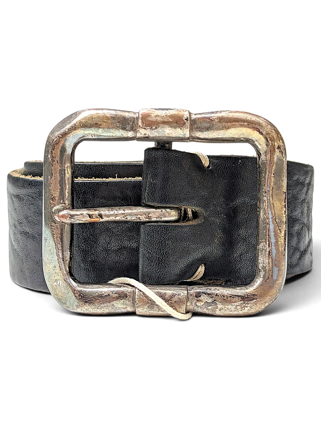 JAKE & IPI black leather belt featuring a distressed silver-tone metal buckle with a rugged textured finish.