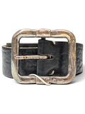 JAKE & IPI black leather belt featuring a distressed silver-tone metal buckle with a rugged textured finish.