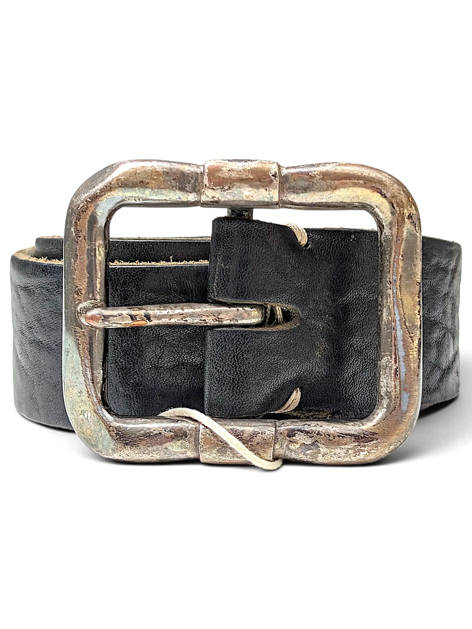 JAKE & IPI black leather belt featuring a distressed silver-tone metal buckle with a rugged textured finish.