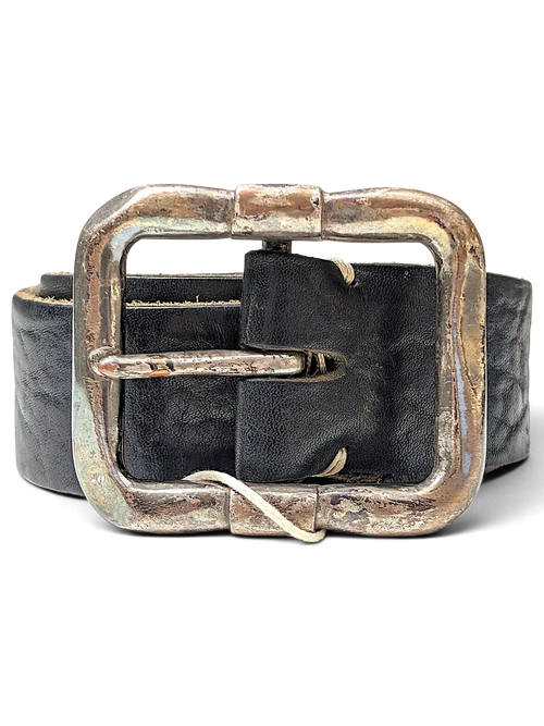 JAKE & IPI black leather belt featuring a distressed silver-tone metal buckle with a rugged textured finish.