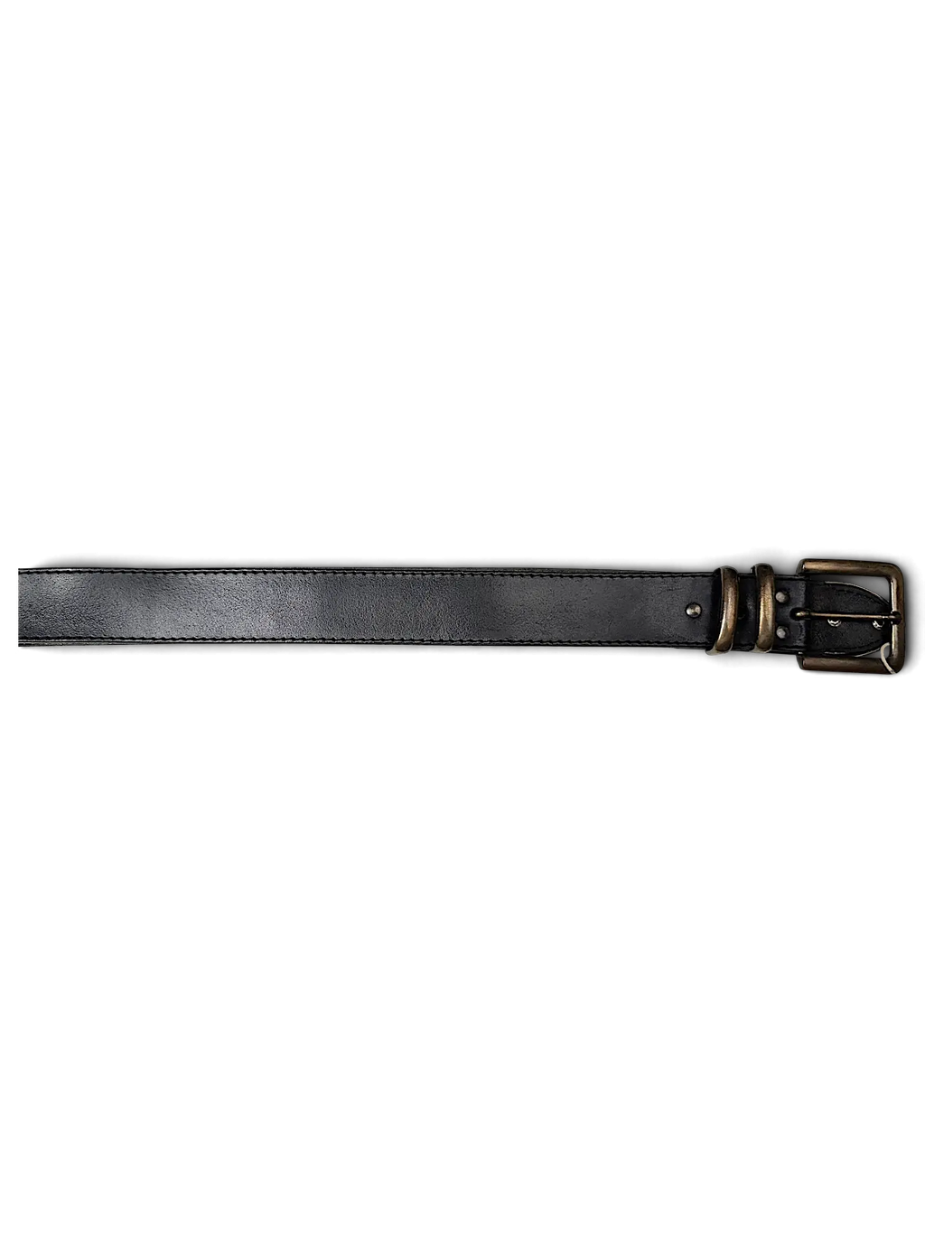 JAKE & IPI black leather belt with a rustic brass-toned buckle and double loop detail, handcrafted in France.
