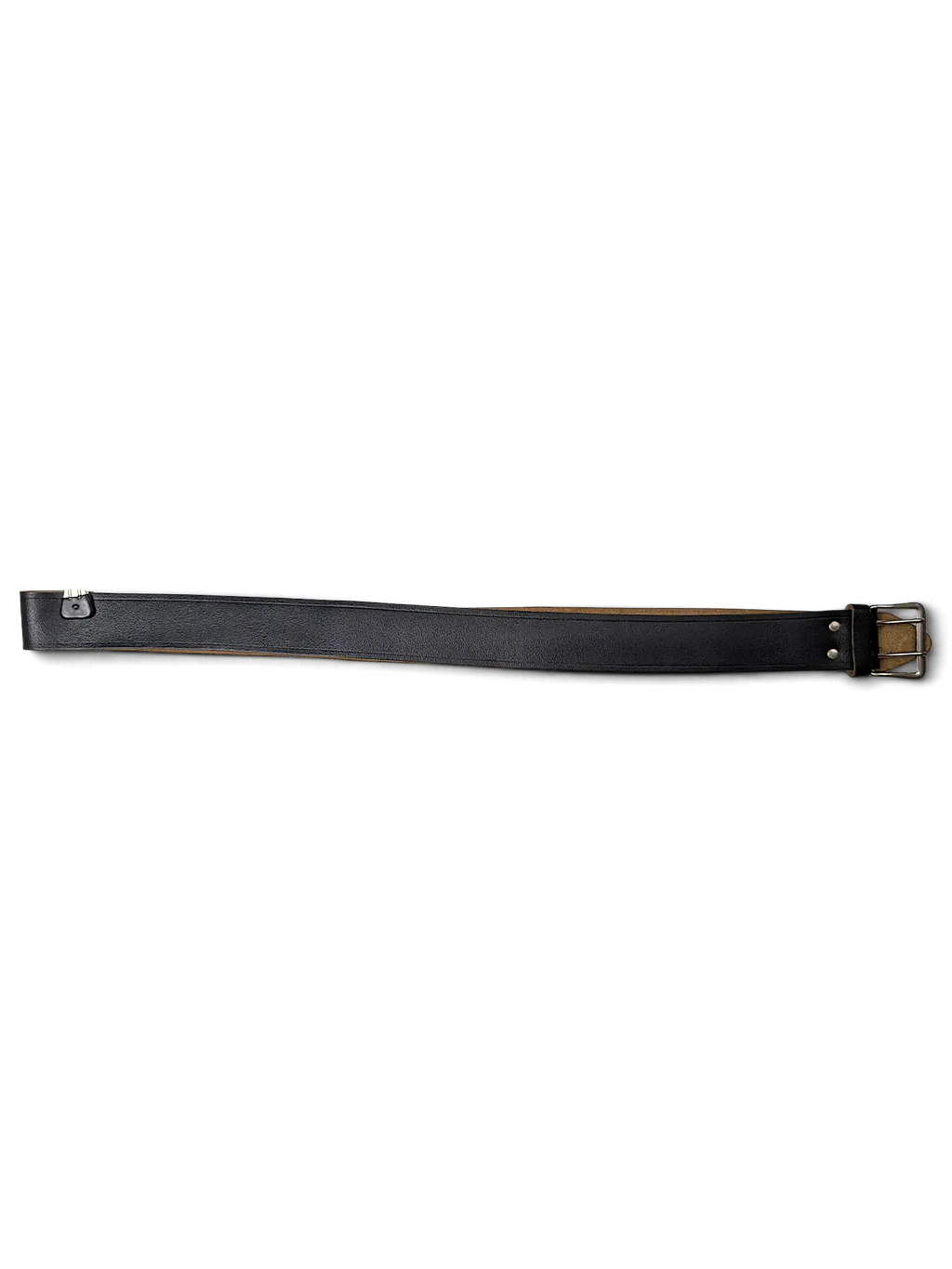 JAKE & IPI black leather belt with a double prong metal buckle and attached brand tag on a white background