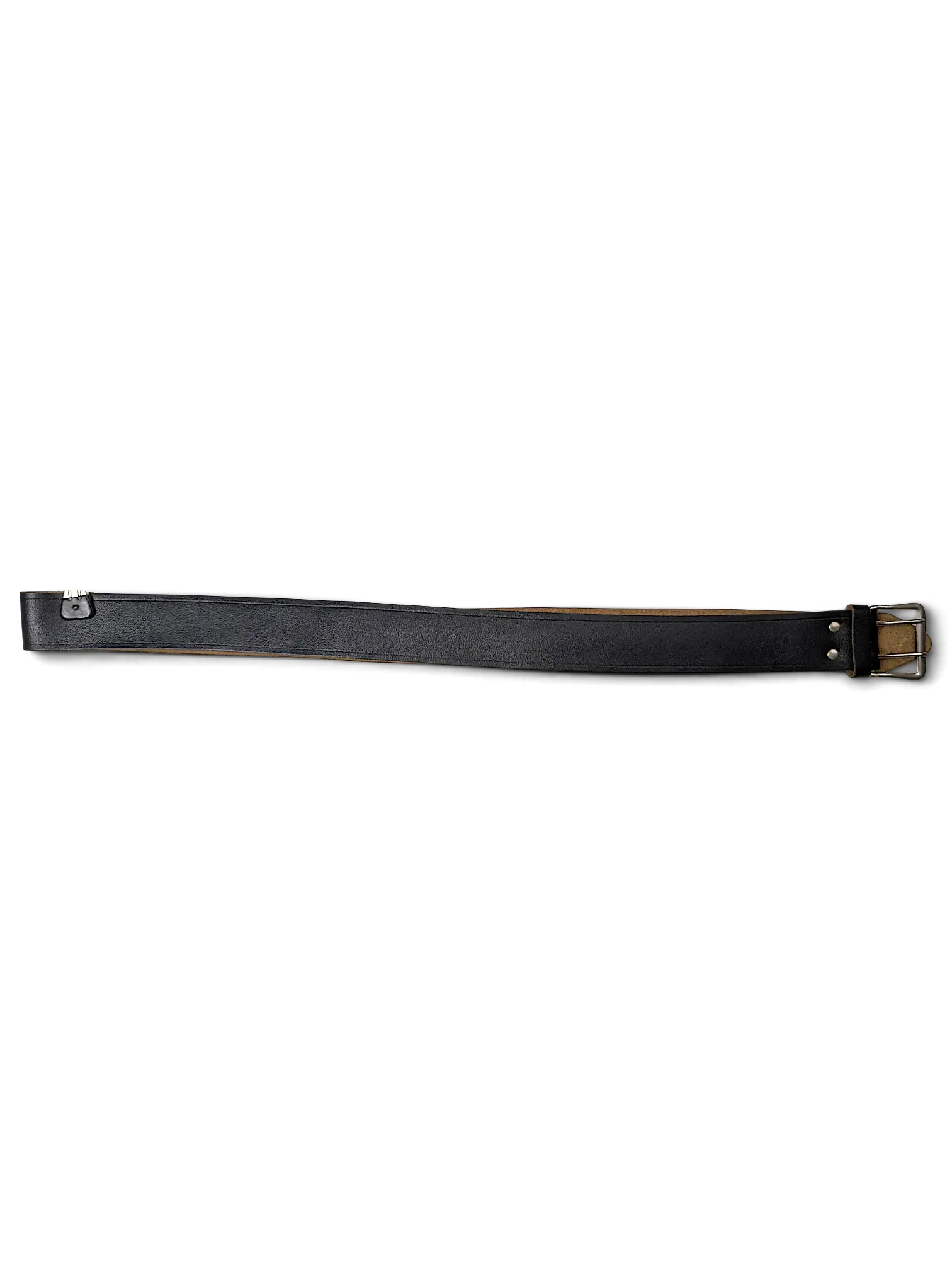 JAKE & IPI black leather belt with a double prong metal buckle and attached brand tag on a white background