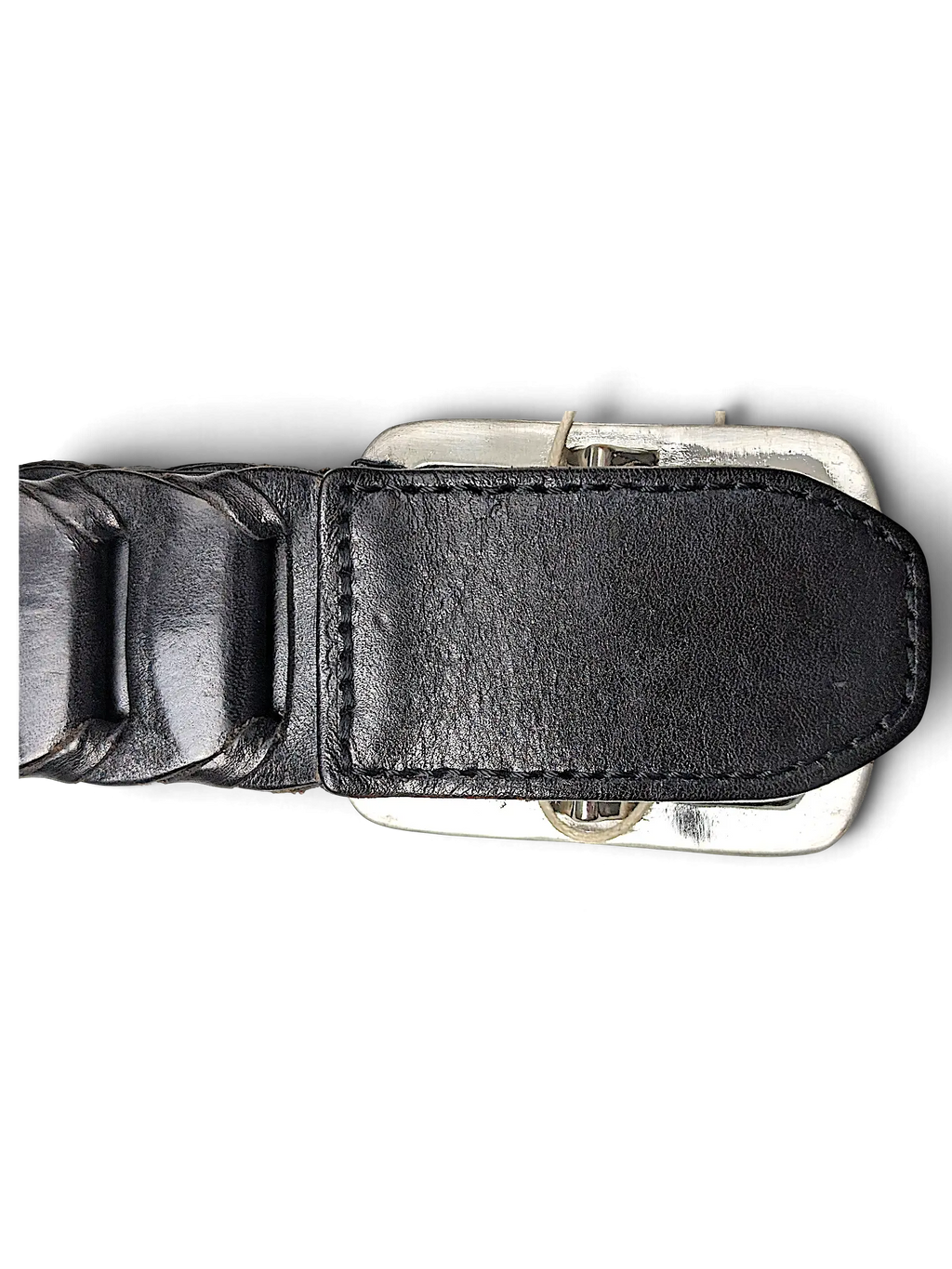 JAKE & IPI Esprit black leather braided belt with a polished silver buckle, close-up view.