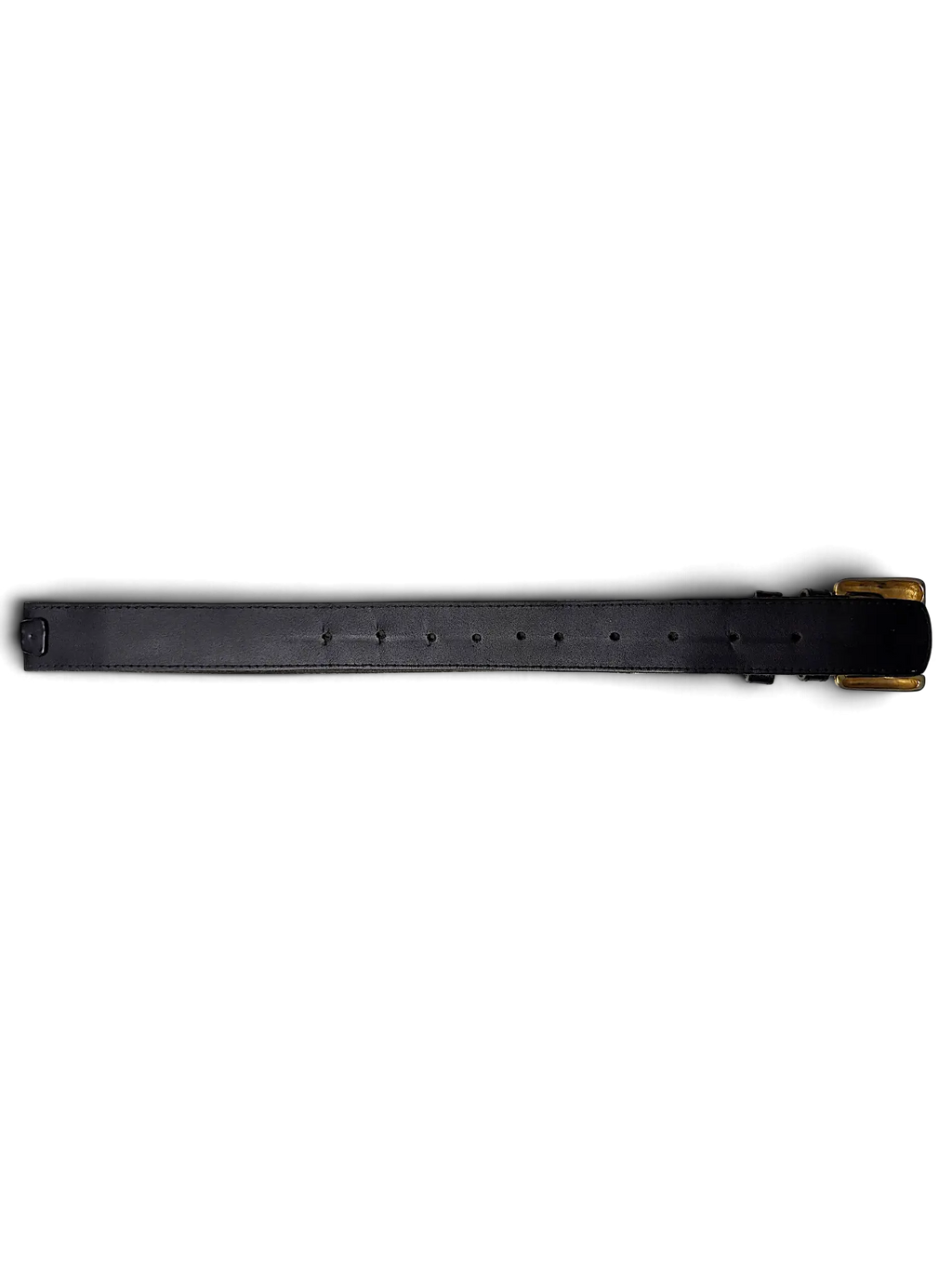 JAKE & IPI black leather belt featuring a polished gold buckle and matching hardware on a neutral background