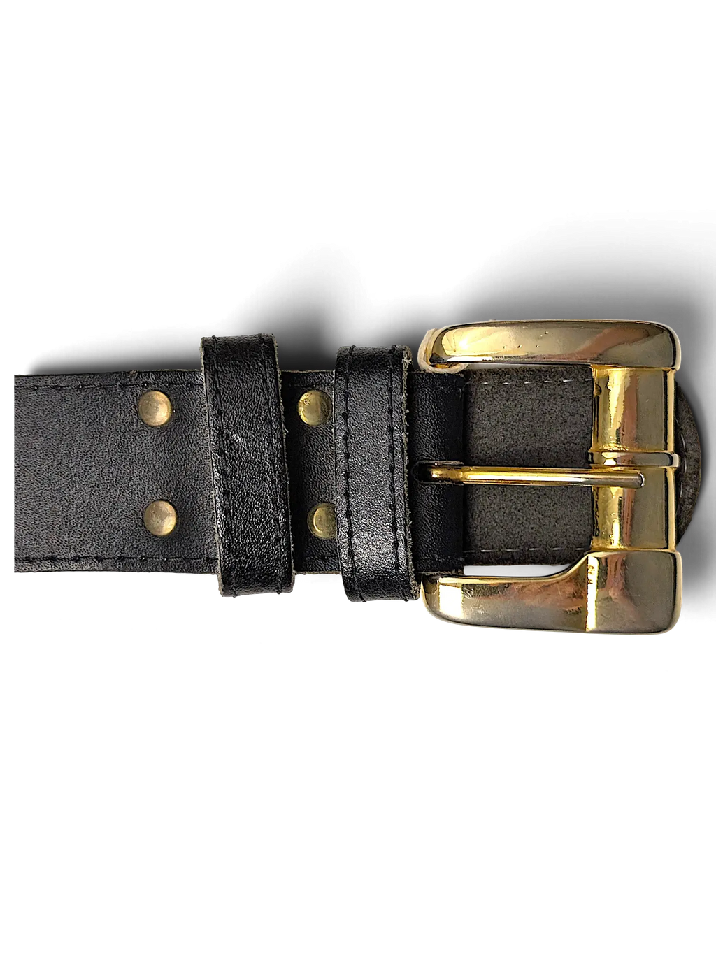 JAKE & IPI black leather belt featuring a polished gold-tone buckle and matching gold rivets on a white background