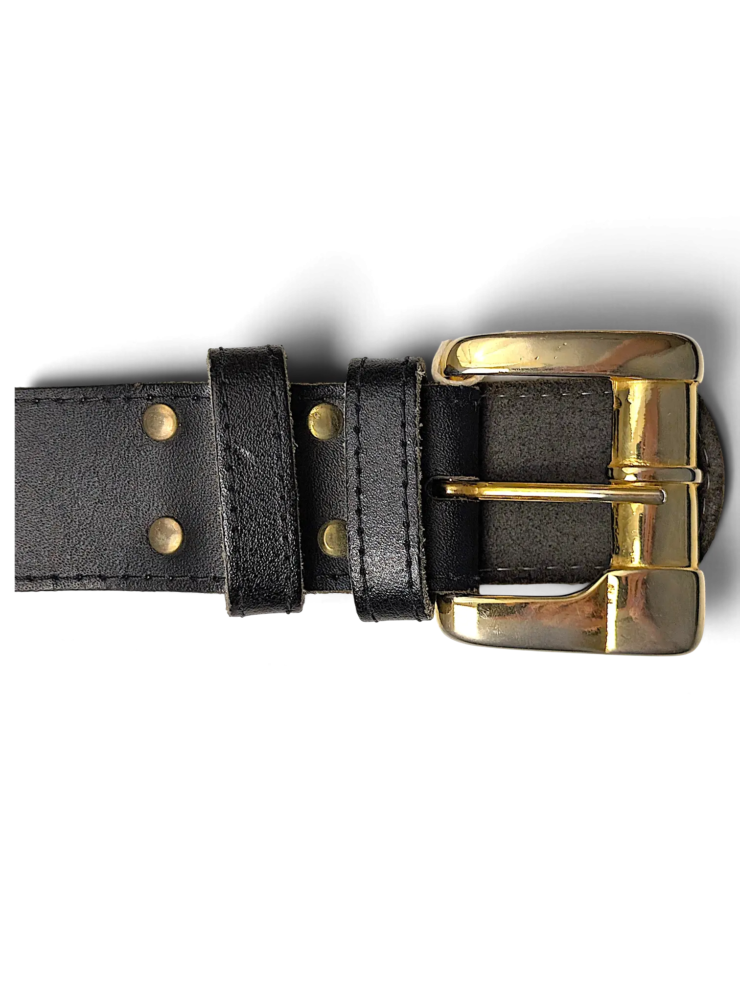 JAKE & IPI black leather belt featuring a polished gold-tone buckle and matching gold rivets on a white background