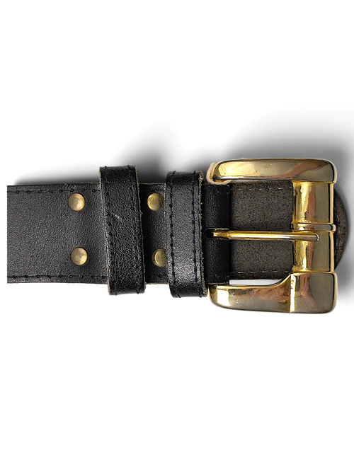 JAKE & IPI black leather belt featuring a polished gold-tone buckle and matching gold rivets on a white background