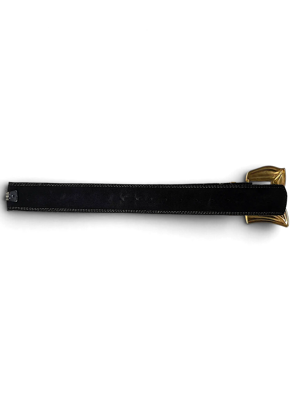 JAKE & IPI black leather belt featuring a vintage Y2K style with polished gold-tone metal hardware.