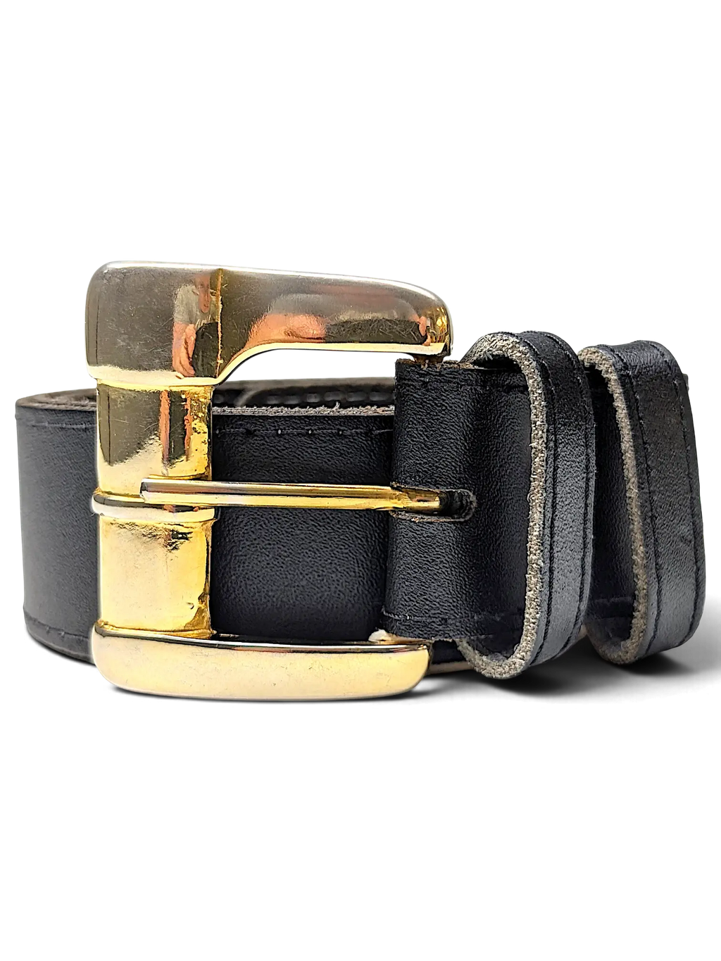 JAKE & IPI black leather belt featuring a polished gold-tone metal buckle and double leather keeper loops