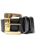 JAKE & IPI black leather belt featuring a polished gold-tone metal buckle and double leather keeper loops