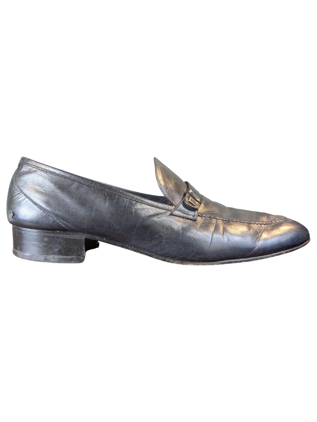 JAKE & IPI black leather loafers with a low block heel and metal bit detail on the vamp