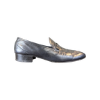 JAKE & IPI black leather loafers with a low block heel and metal bit detail on the vamp
