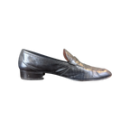 JAKE & IPI black leather loafers with a low block heel and classic slip-on design