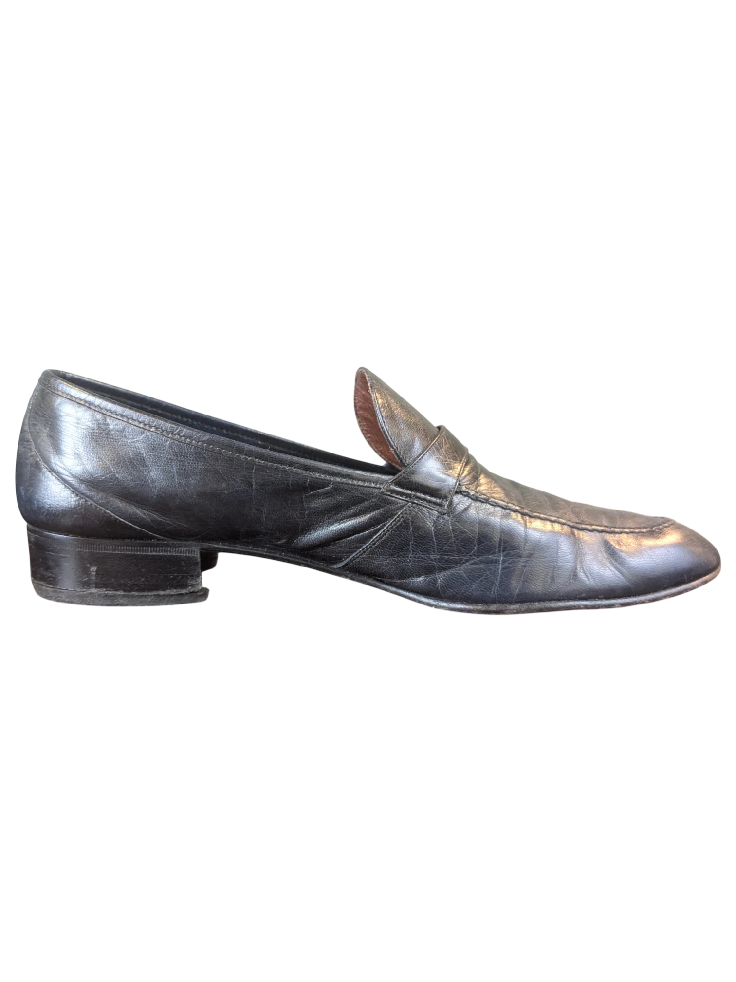 JAKE & IPI black leather loafers with a low block heel and classic slip-on design