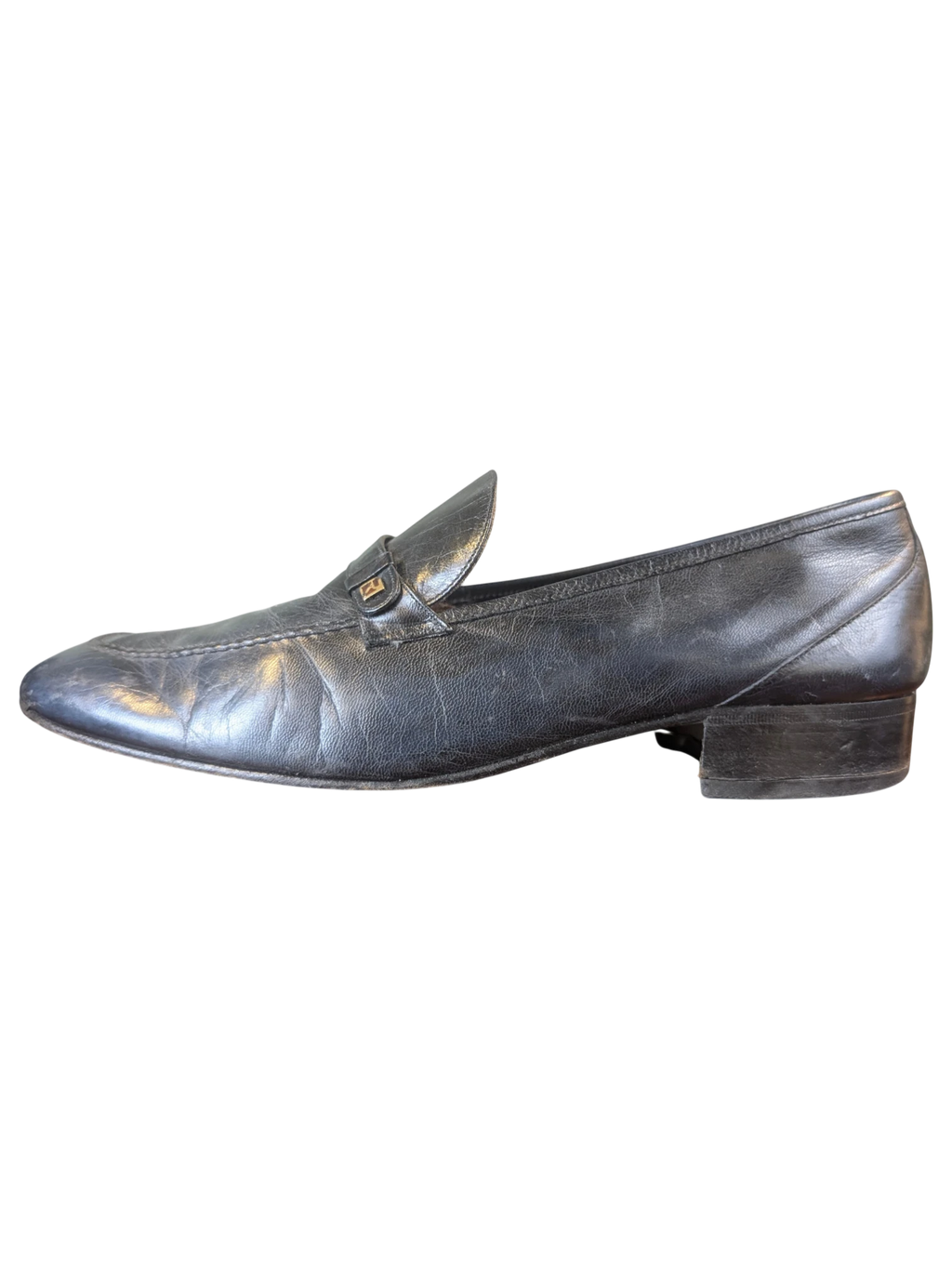 JAKE & IPI black leather loafers with a low block heel and gold-tone metal hardware detail on the strap.