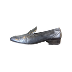 JAKE & IPI black leather loafers with a low block heel and gold-tone metal hardware detail on the strap.