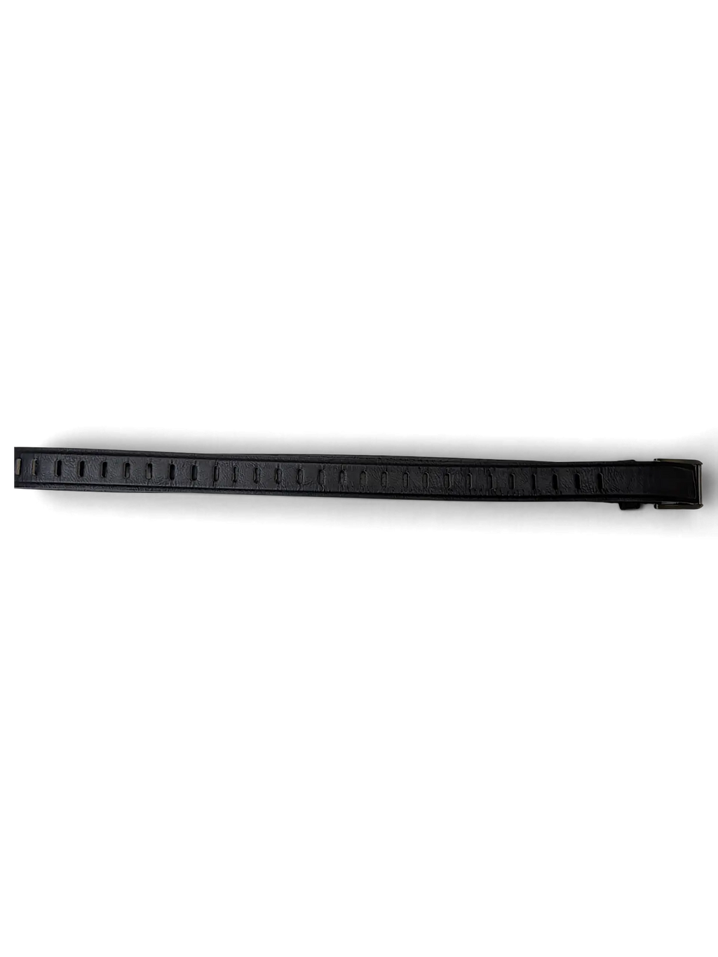 JAKE & IPI black leather belt featuring a series of evenly spaced oval holes along the strap