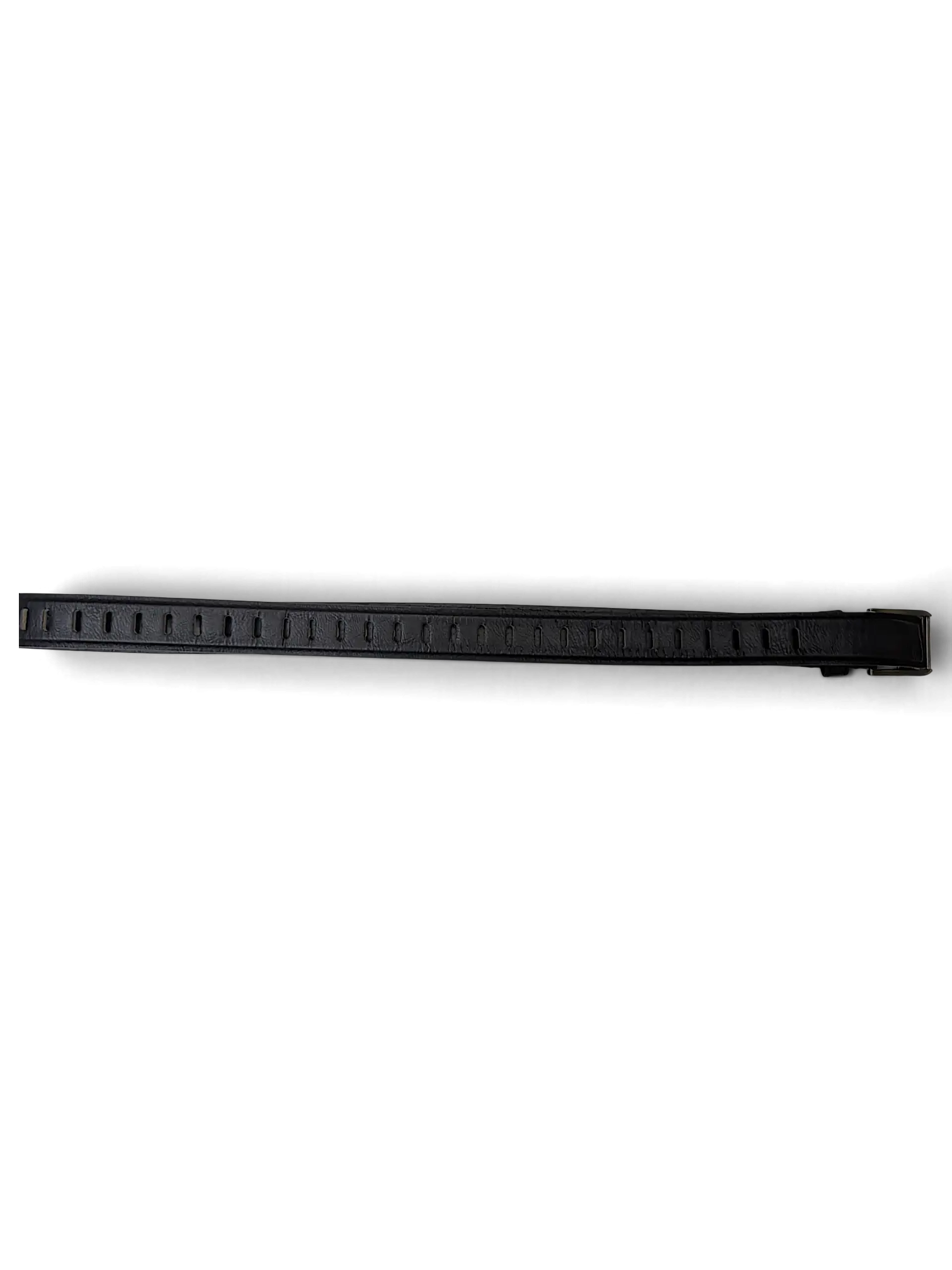 JAKE & IPI black leather belt featuring a series of evenly spaced oval holes along the strap