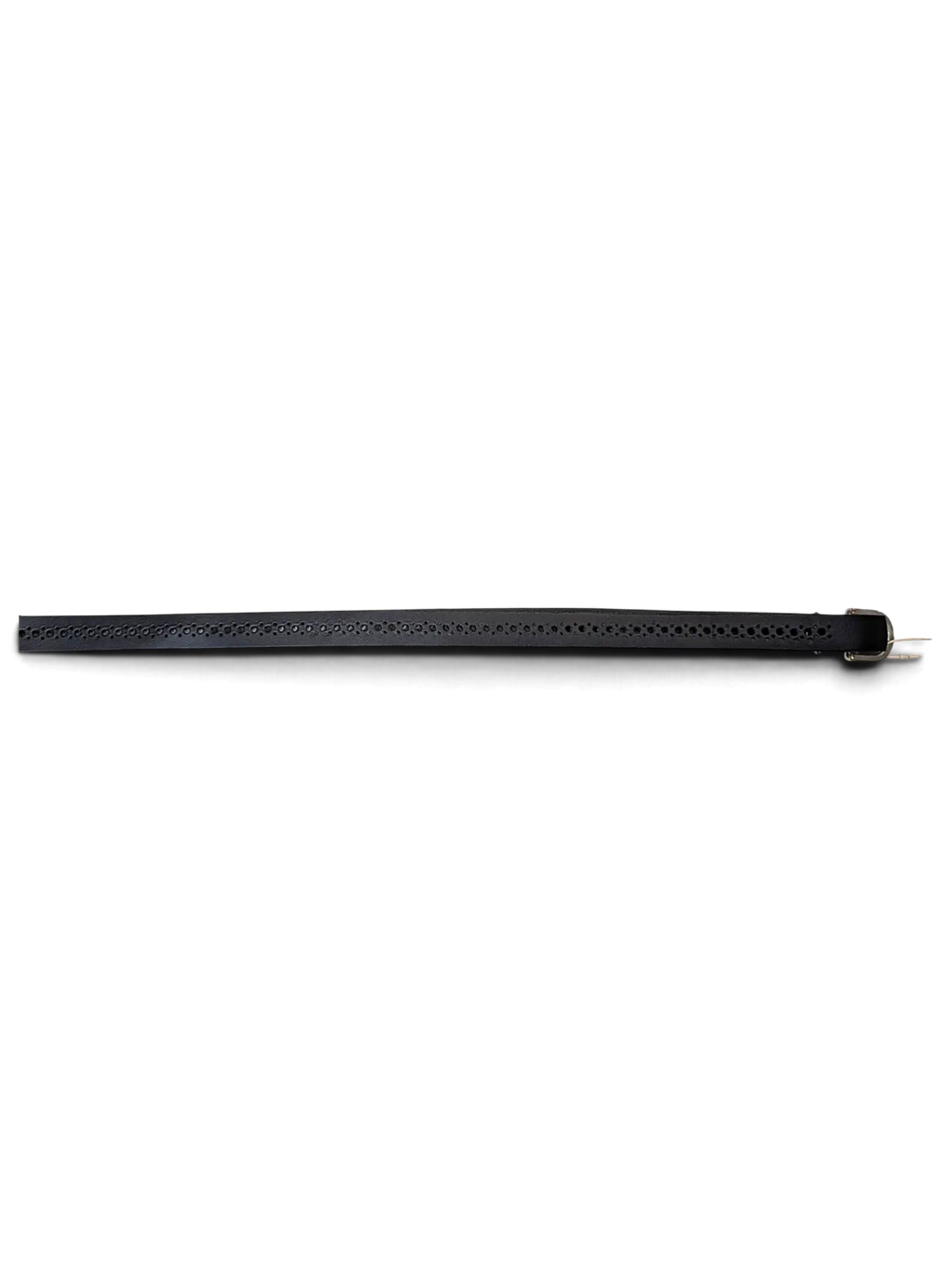 JAKE & IPI black leather belt featuring a continuous pattern of small circular cut-out holes and a silver buckle.
