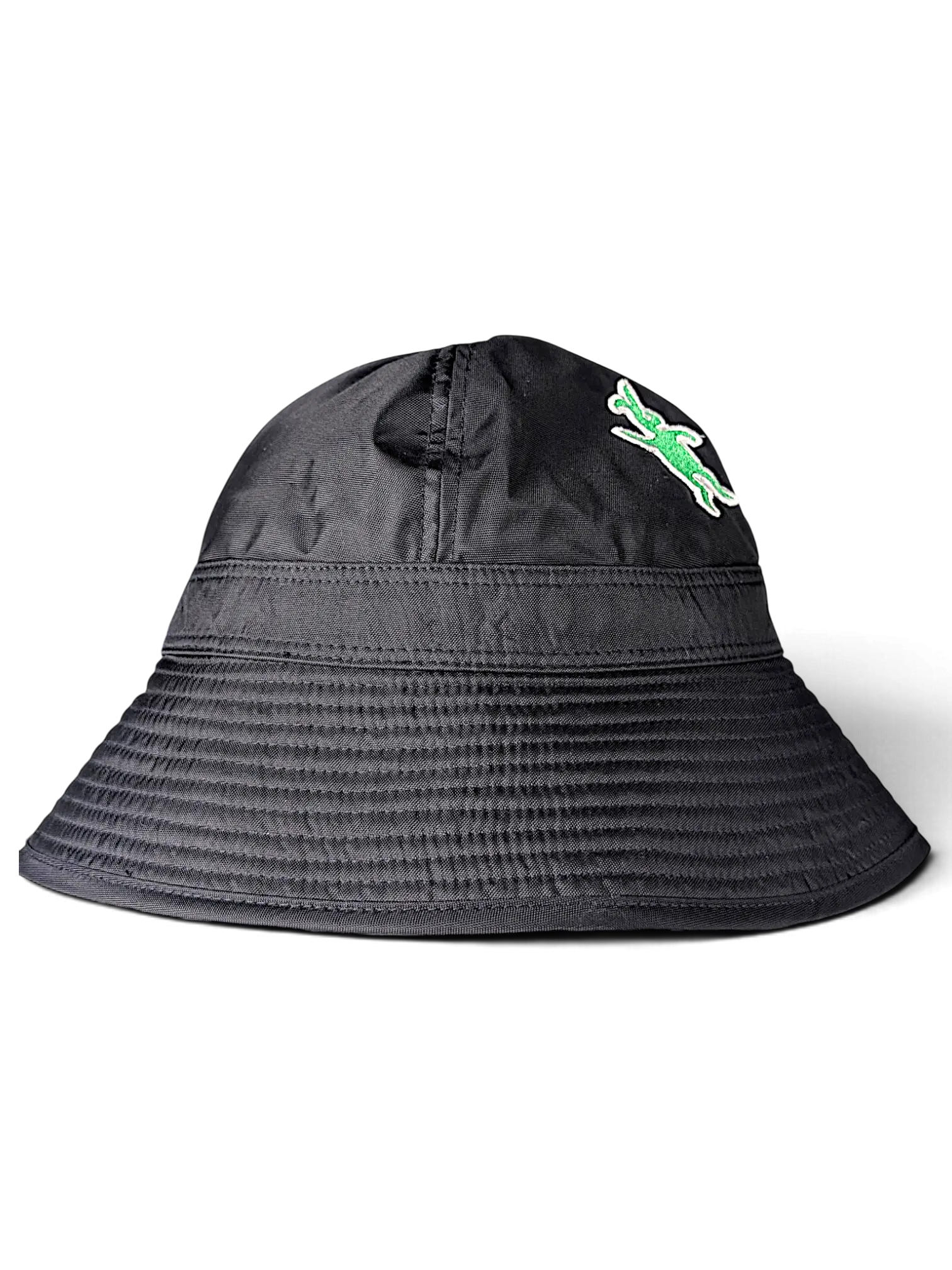 JAKE & IPI Marni bucket hat in black nylon with a green embroidered logo detail on the side.