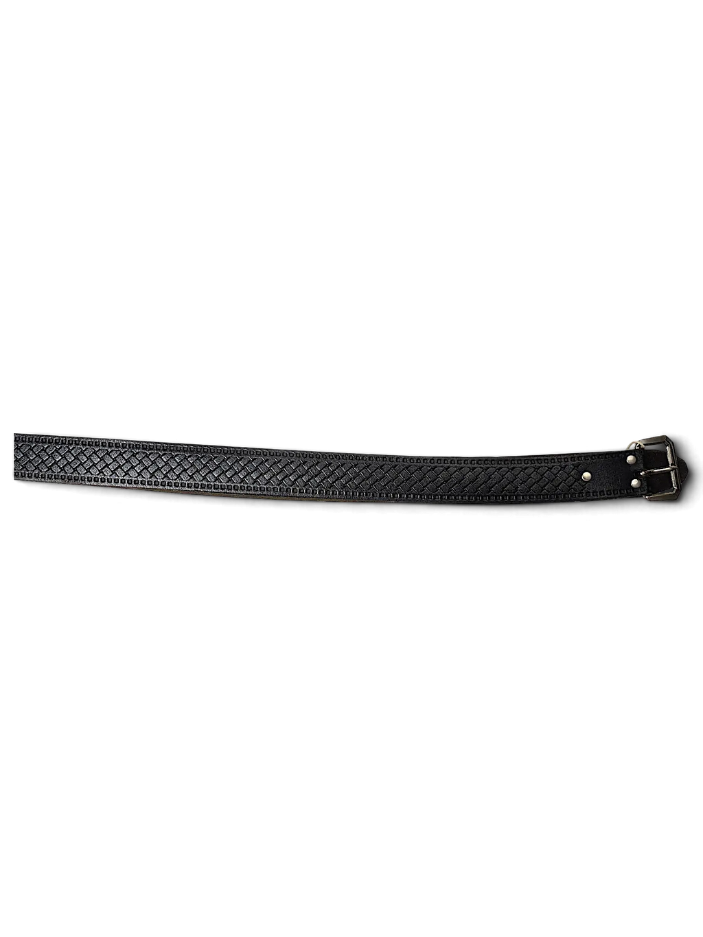 JAKE & IPI black leather belt featuring a woven texture pattern and a metal hook attachment on a black background.