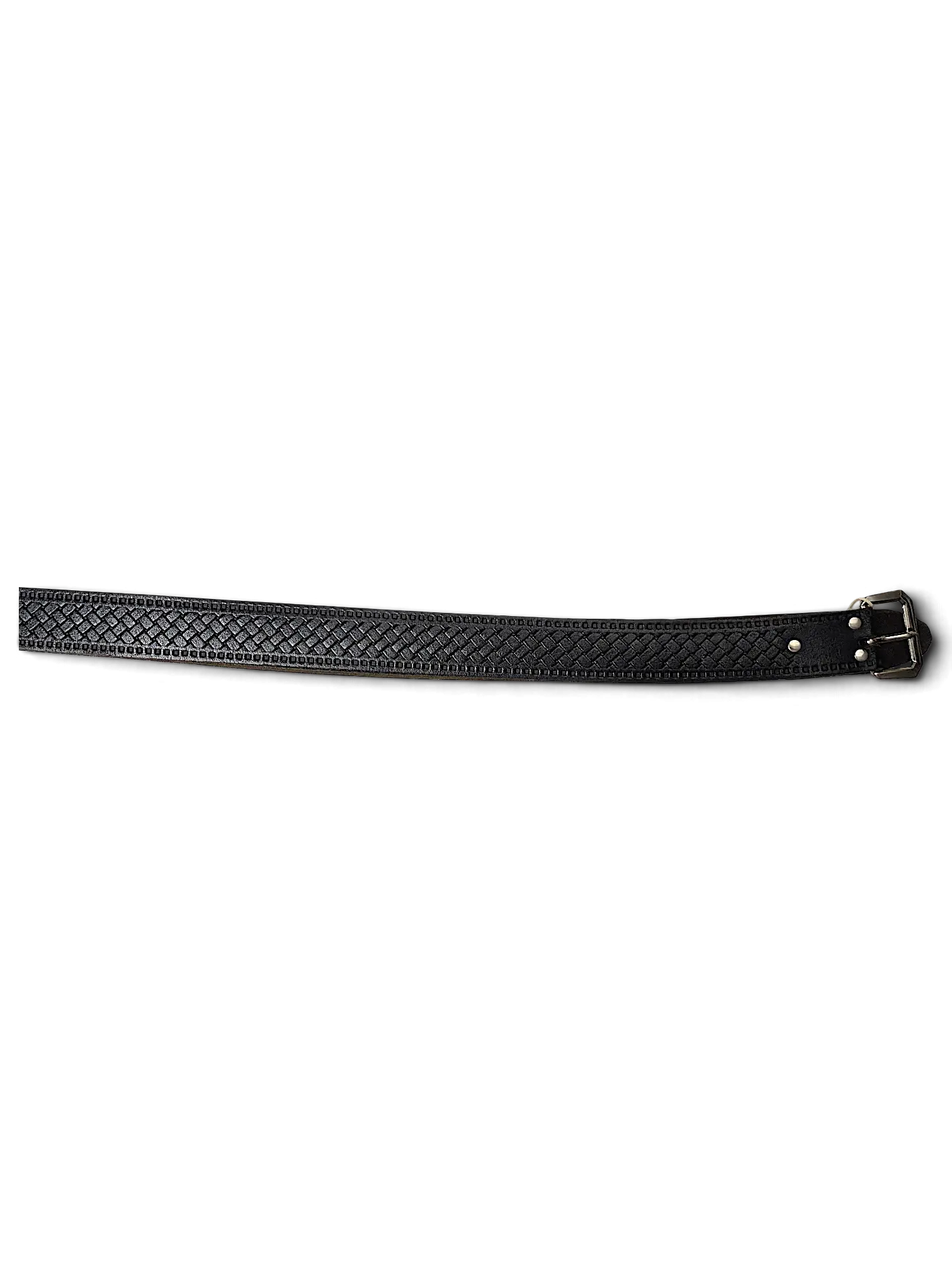 JAKE & IPI black leather belt featuring a woven texture pattern and a metal hook attachment on a black background.