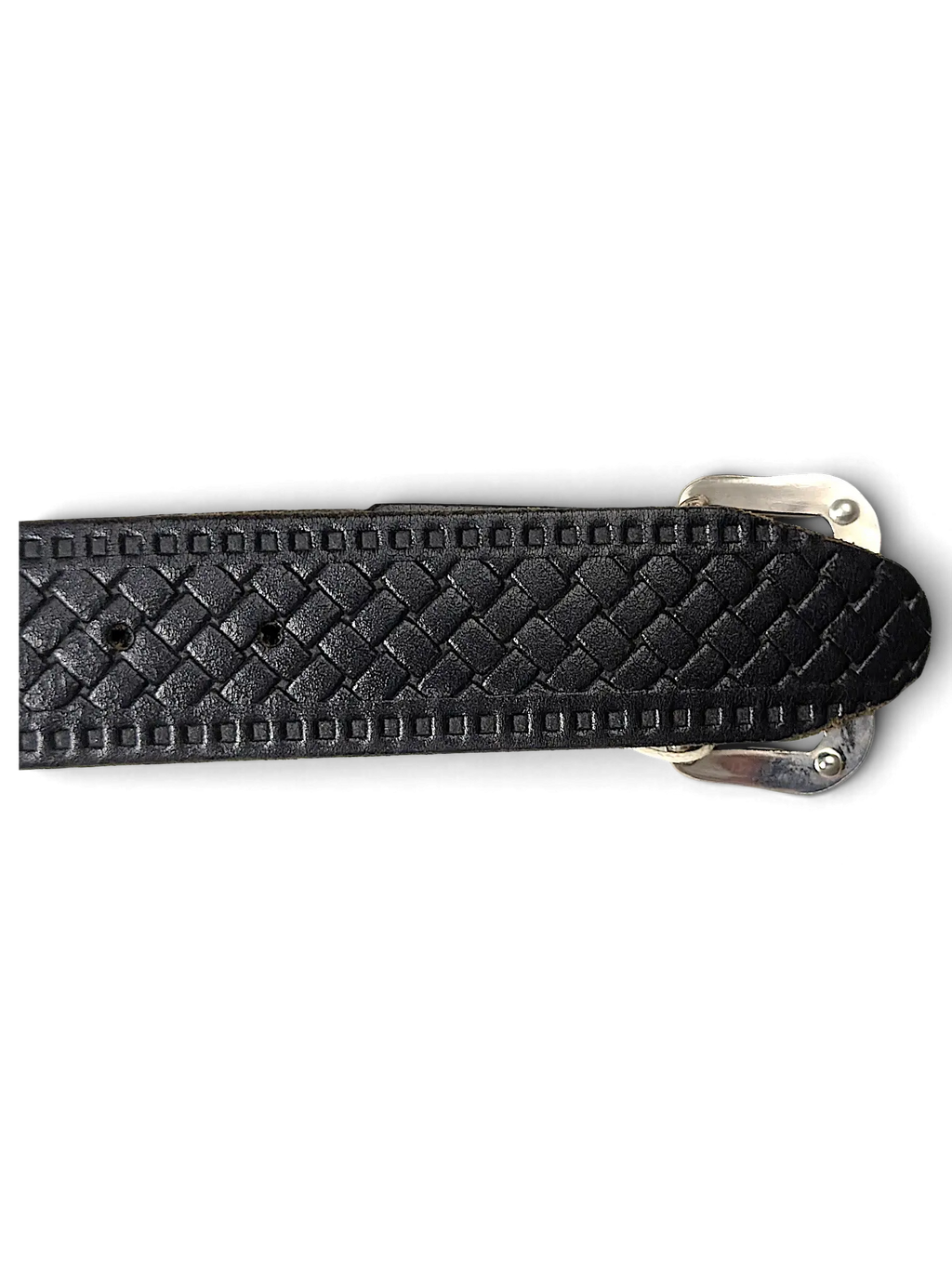 JAKE & IPI black leather belt featuring a woven embossed pattern and a silver-tone metal buckle.