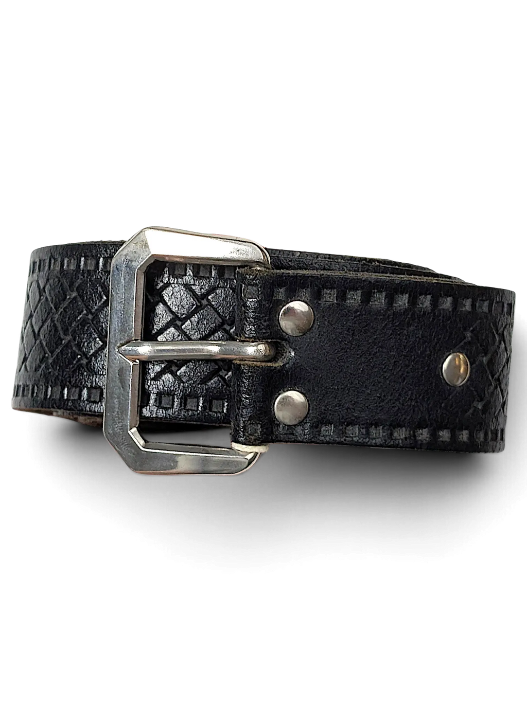 JAKE & IPI black leather belt featuring a textured geometric pattern and a sturdy silver-toned metal buckle