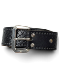 JAKE & IPI black leather belt featuring a textured geometric pattern and a sturdy silver-toned metal buckle