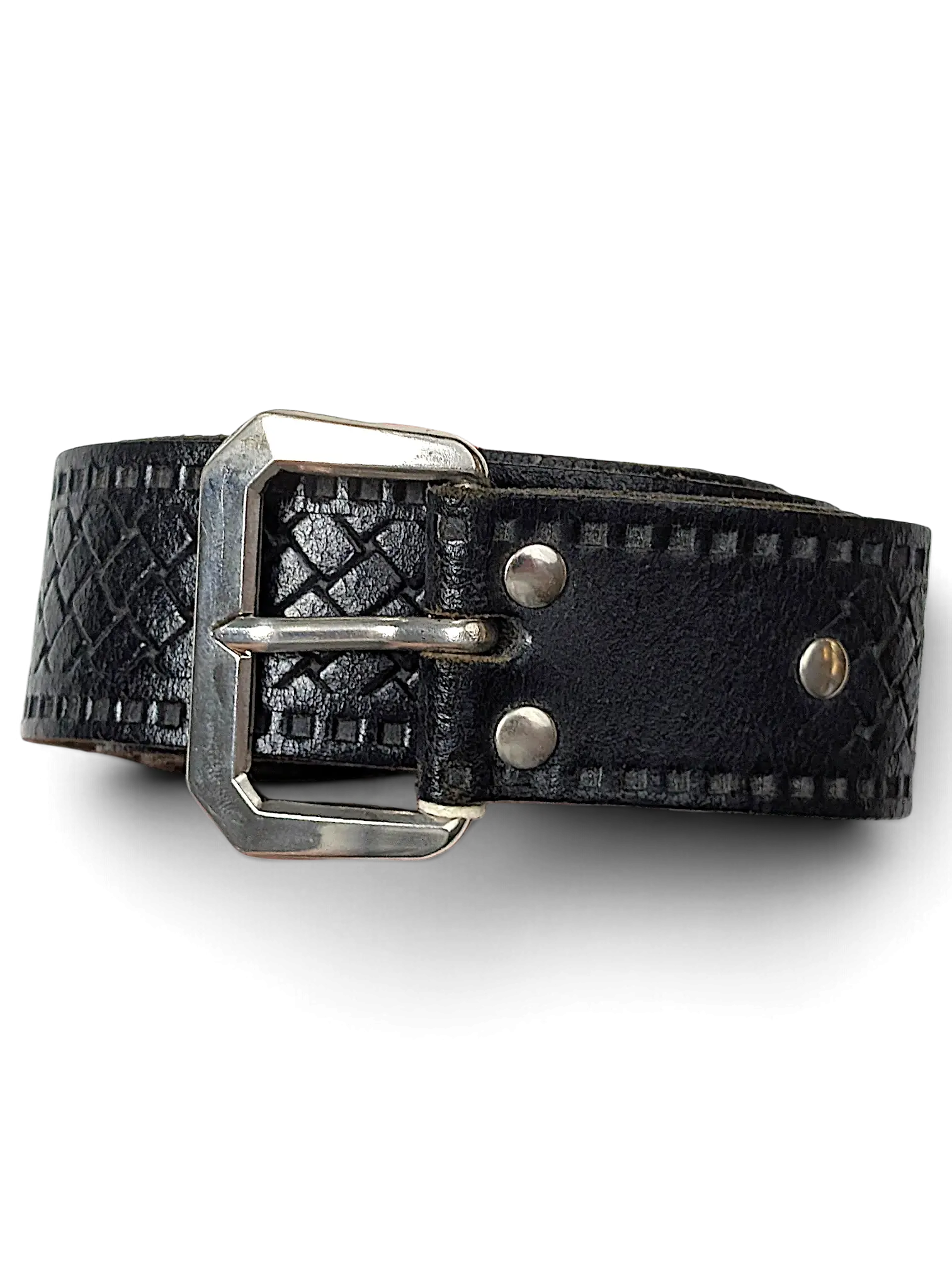 JAKE & IPI black leather belt featuring a textured geometric pattern and a sturdy silver-toned metal buckle