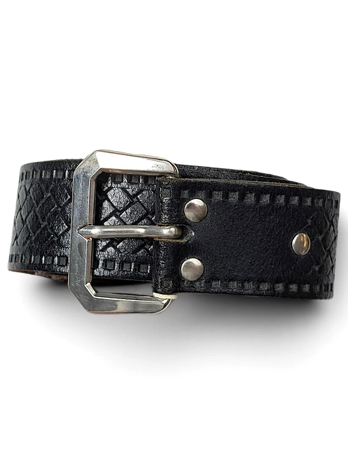 JAKE & IPI black leather belt featuring a textured geometric pattern and a sturdy silver-toned metal buckle