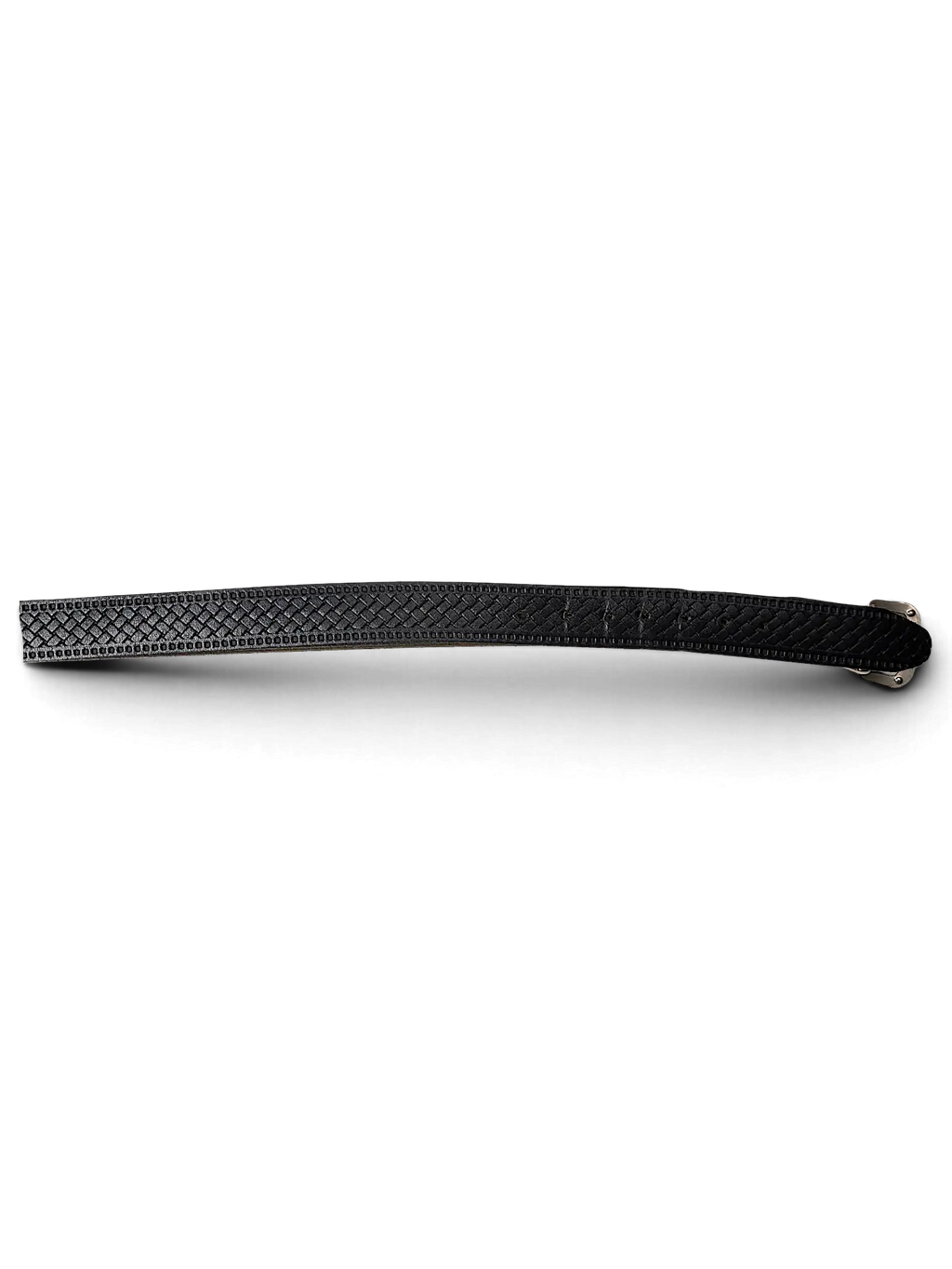 JAKE & IPI black leather belt featuring a textured woven pattern and silver-tone buckle on a hanger