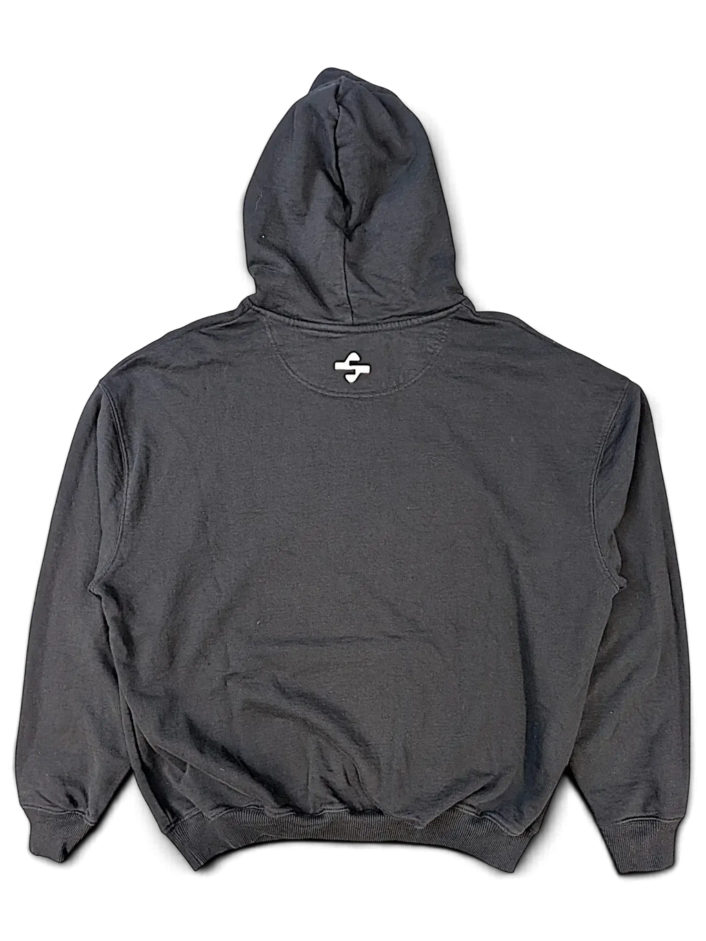 Back view of a black JAKE & IPI IBE Pyzze hoodie featuring a small white logo detail below the hood