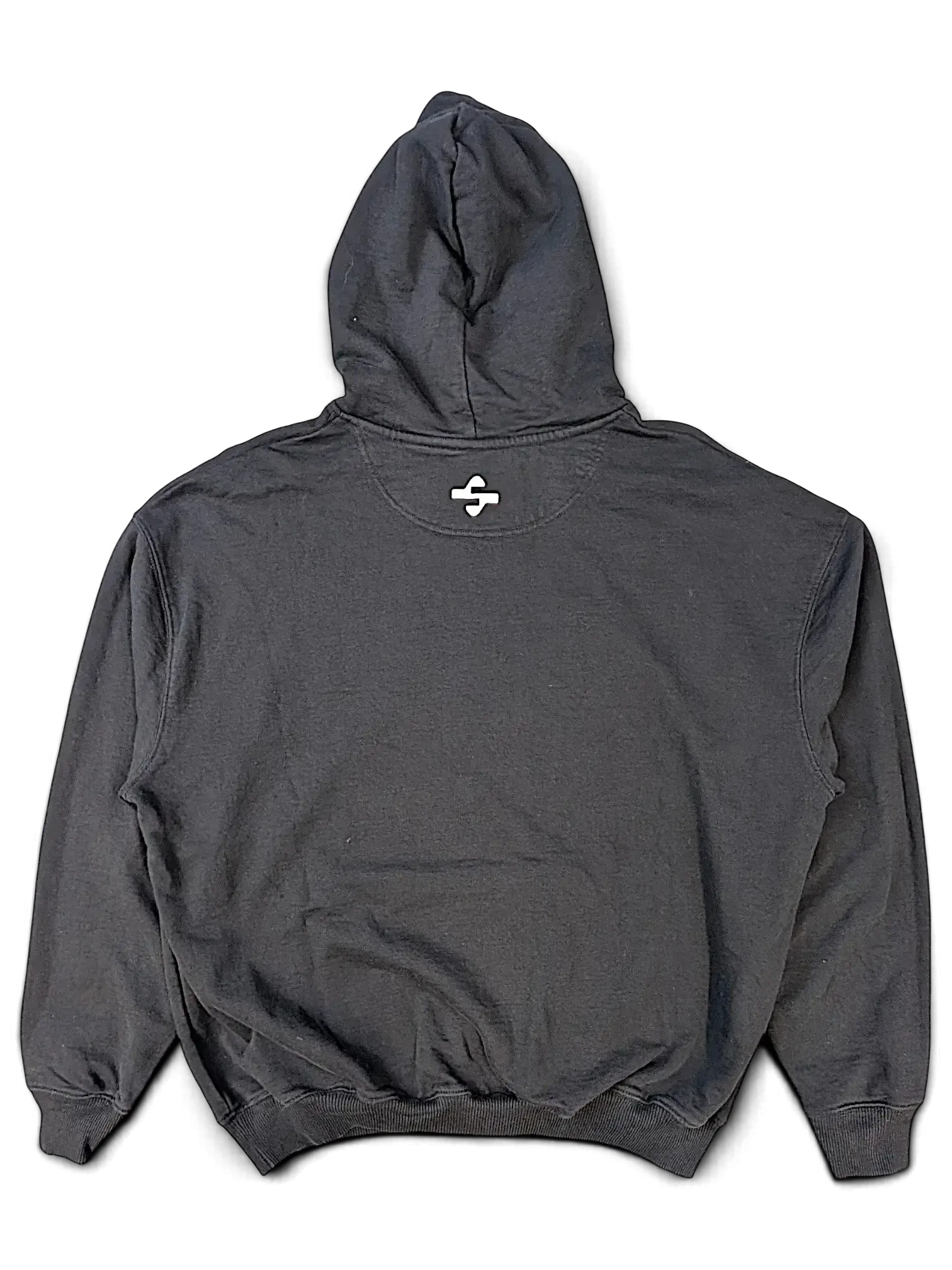Back view of a black JAKE & IPI IBE Pyzze hoodie featuring a small white logo detail below the hood