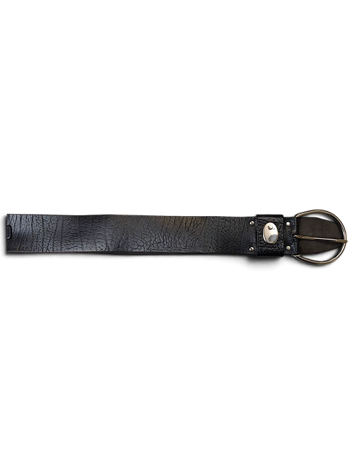 JAKE & IPI black wide leather belt with a reptile-style texture and a large silver-tone metal buckle
