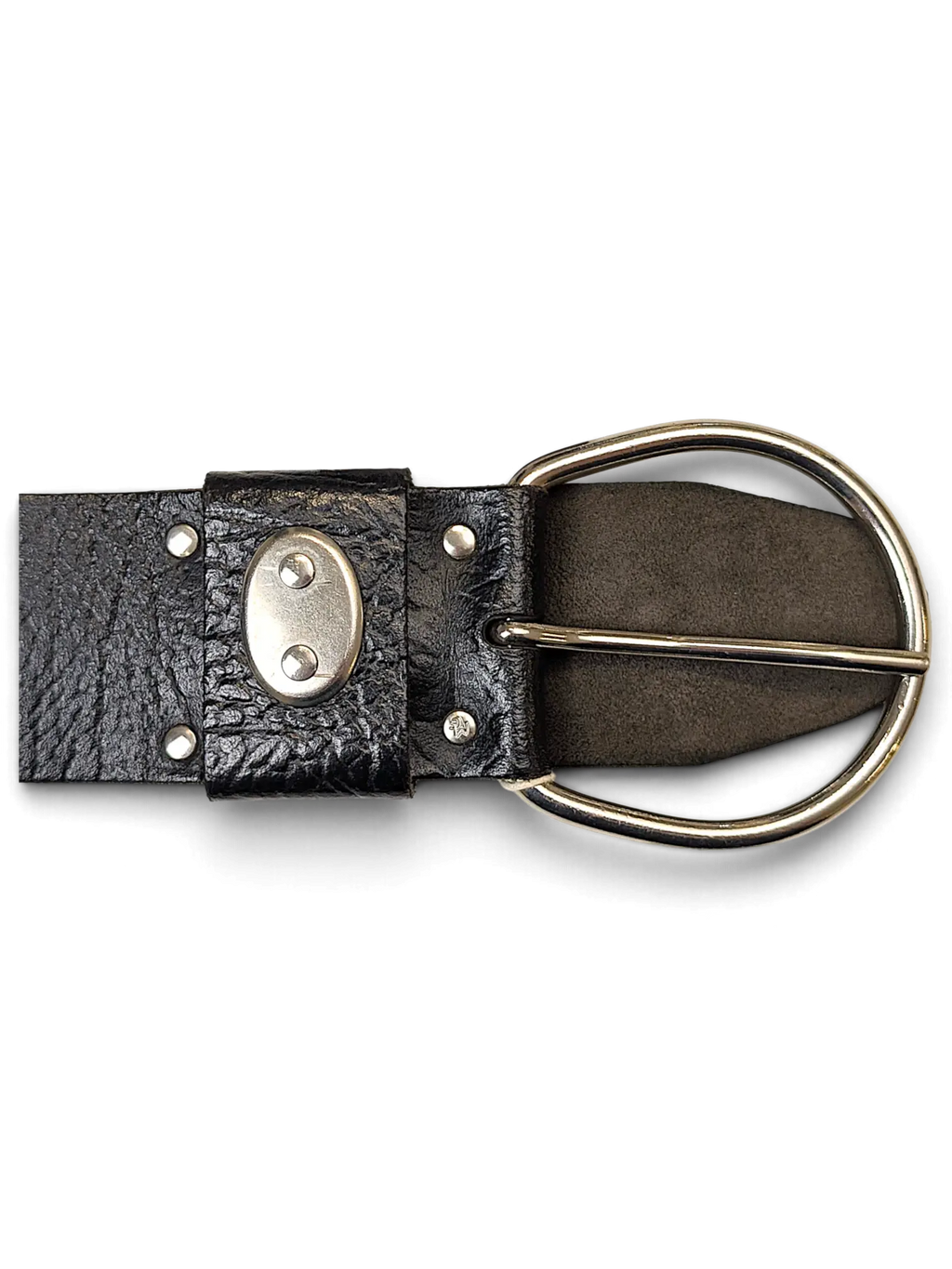 JAKE & IPI black wide leather belt with reptile texture, silver oval buckle, and metallic stud detailing