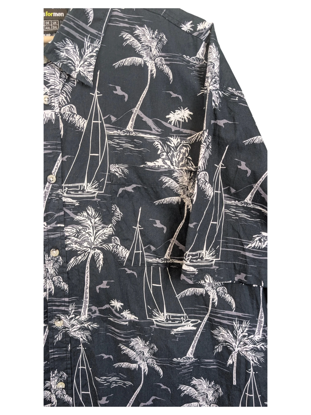 JAKE & IPI Atlas For Men black Hawaiian shirt featuring a white tropical sailboat and palm tree print