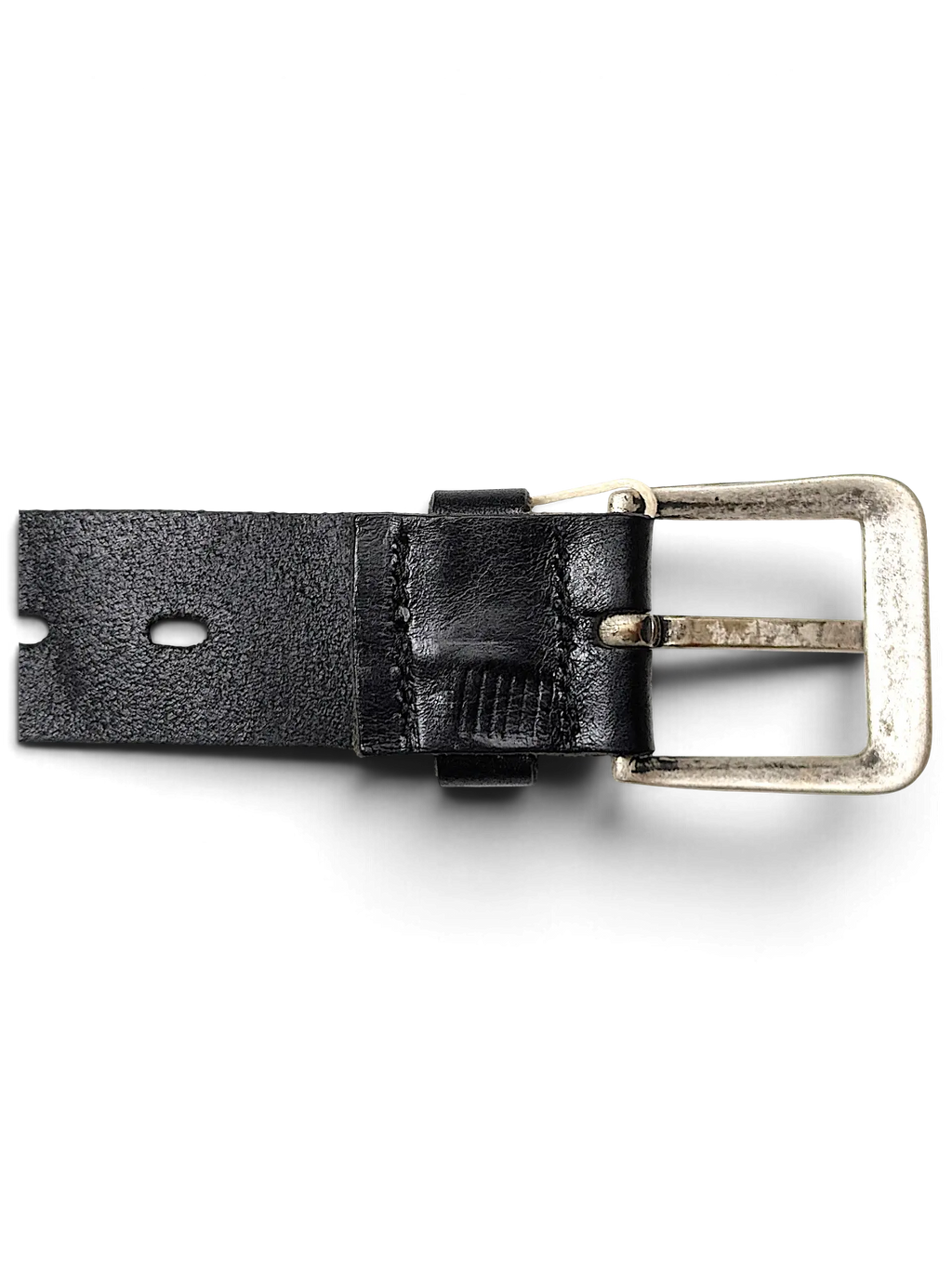 JAKE & IPI black snakeskin textured leather belt featuring a distressed silver metal buckle
