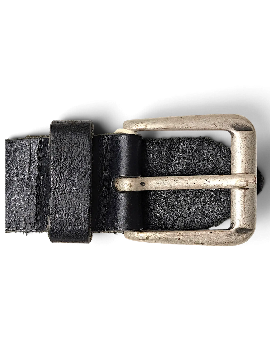 JAKE & IPI black snakeskin textured leather belt with a distressed silver metal buckle