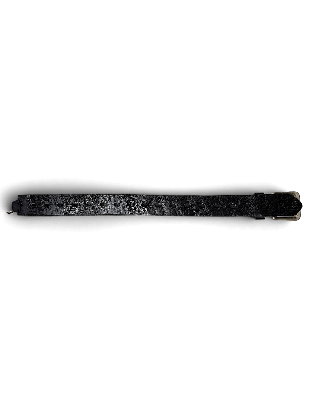 JAKE & IPI black snakeskin textured belt with a silver buckle and attached product tag on a white background