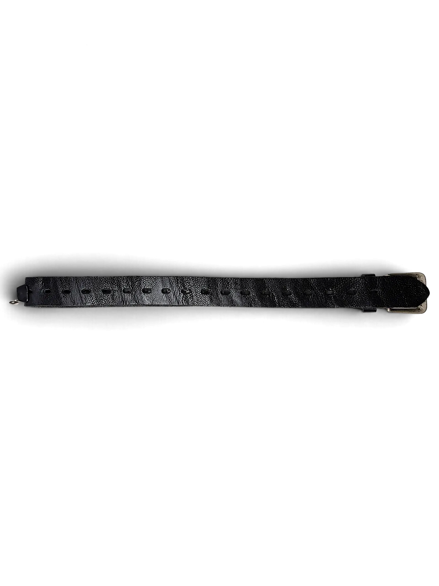 JAKE & IPI black snakeskin textured belt with a silver buckle and attached product tag on a white background