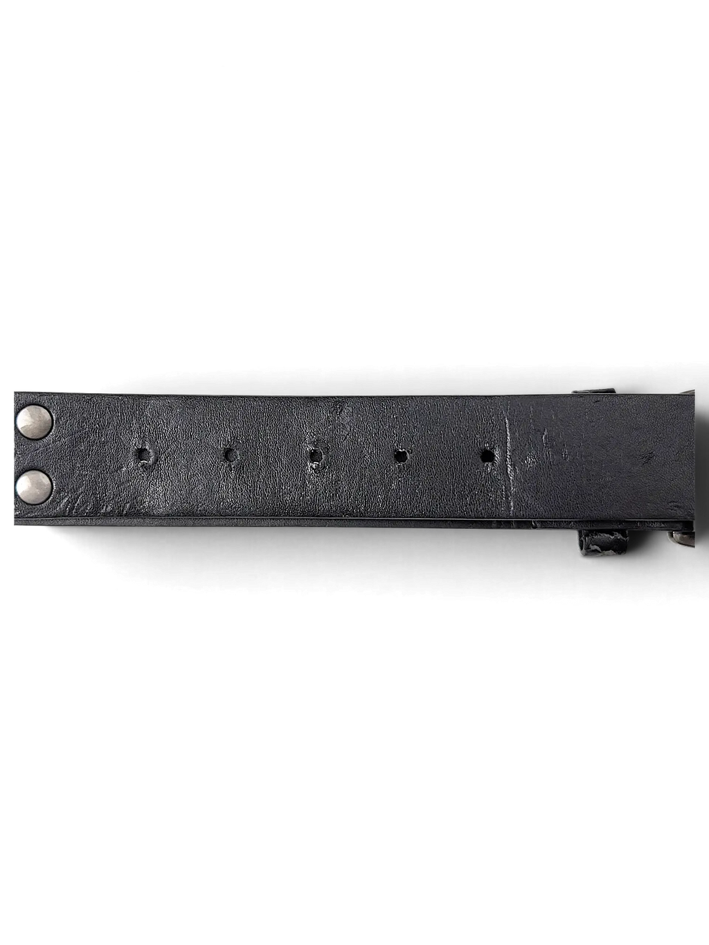 JAKE & IPI black leather belt featuring silver metal studs and a row of adjustment holes on a plain white background.